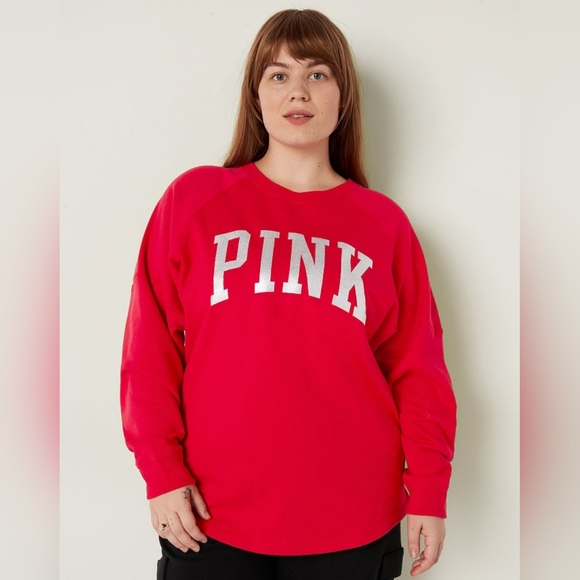 LAST CHANCE! PINK VS COTTON OVERSIZED RAGLAN CREWNECK SWEATSHIRT Red Size XS - Picture 2 of 4